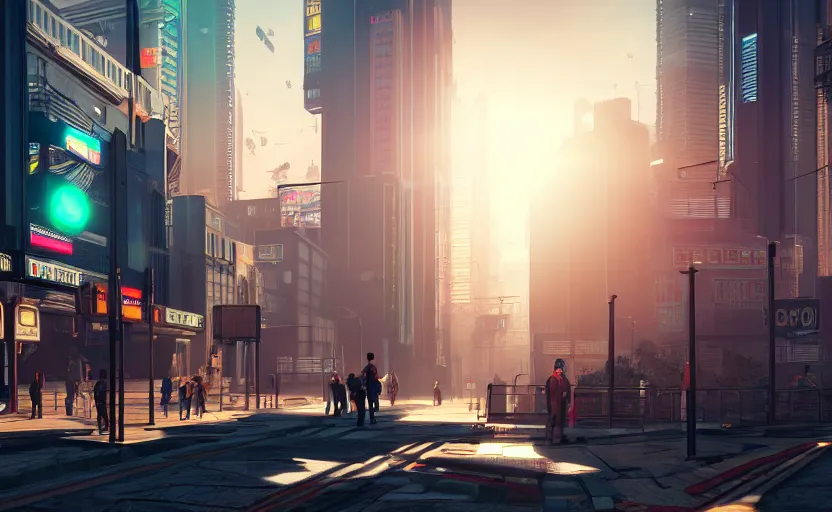 Prompt: photorealistic cyberpunk city streets. daylight. sunlight. lens flare. light fixtures. 8 k. detailed. photorealism. artstation. 2 5 mm f 1. 7 a