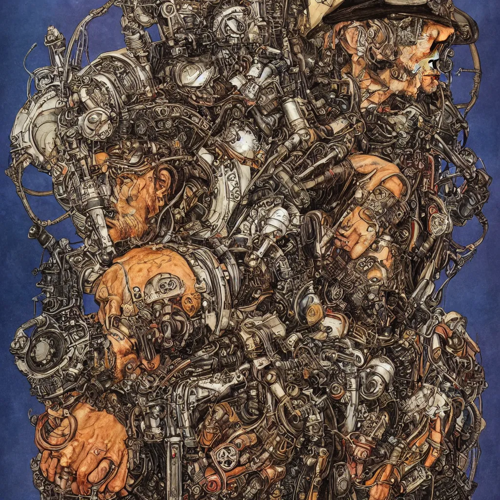 Prompt: A dramatic full-color art nouveau and ironpunk styled bust panorama portrait of lemmy kilmister as an dieselpunk engine tank king of the universe, hyperdetailed mixed media artwork combining the styles of Travis Charest, Michael Kaluta and Bill Sienkiewicz, vast power, perfectly symmetrical facial features, 8k, deeply hyperdetailed, cinematic lighting, realistic mechanical details, 8k, UHD, HDR