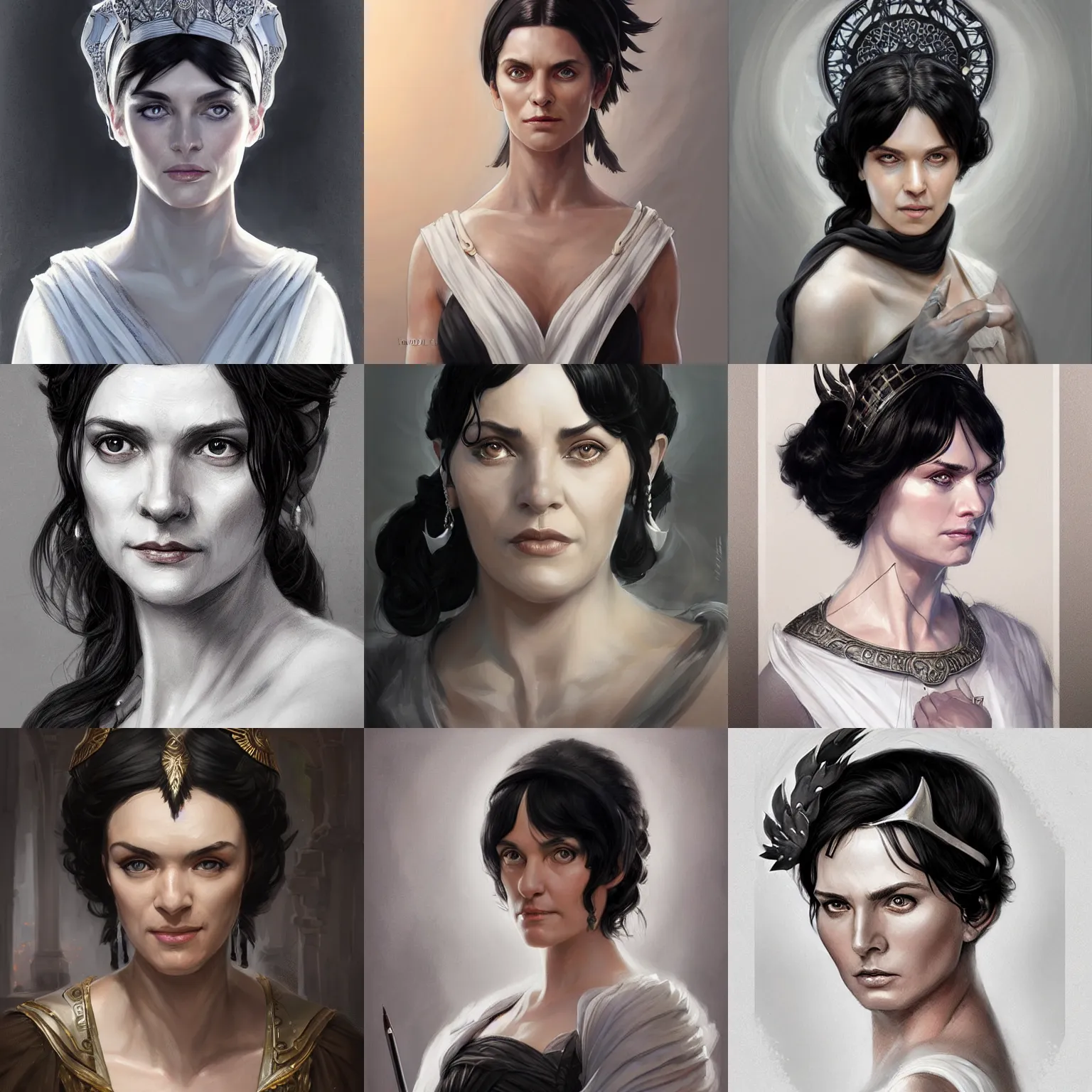 Prompt: hestia, helen mcrory, elderly greek goddess, black hair, white tunic, d & d, fantasy, portrait, highly detailed, headshot, digital painting, trending on artstation, concept art, sharp focus, illustration, art by artgerm and greg rutkowski and magali villeneuve