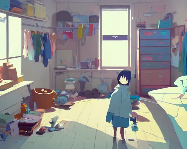 Prompt: an untidy room with laundry on the floor, detailed, by cory loftis, james gilleard, atey ghailan, makoto shinkai, goro fujita, studio ghibli, plain background