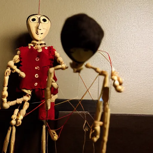 Prompt: a person connected to marionette strings