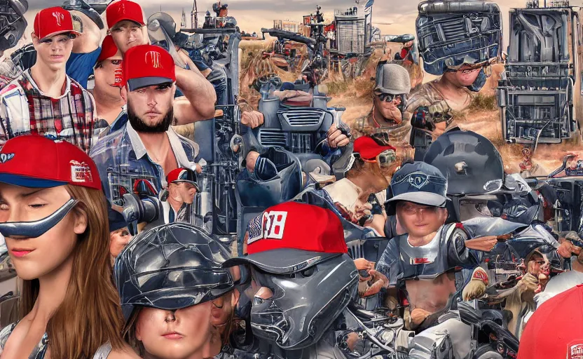 Image similar to american rednecks hail the invasion of gigantic human - like robots in maga baseball caps, artstation hq, stylized, symmetry, modeled lighting, expressive, studio photo refined, highly detailed, hyper realistic, top secret photos from military archive