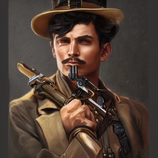 Image similar to vintage portrait of a western steampunk male holding a gun, highly detailed, digital painting, art by Stanley Lau and Artgerm and magali villeneuve and Alphonse Mucha, artstation, octane render, cgsociety