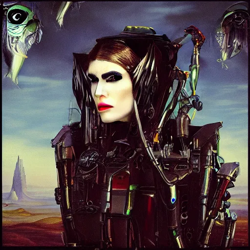 Image similar to album cover of Grimes as an evil robot cyborg character in a romantic pre-raphaelite style by dante