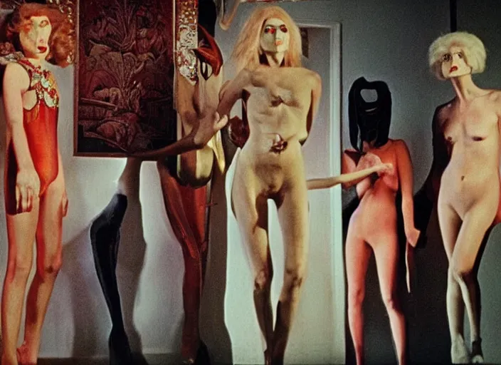 Prompt: four surreal creatures dressed in high fashion organizing an occult ritual by night : : still from a neoclassical 7 0's art house movie by luis bunuel and david lynch, absurd comedy : : close - up of an action scene : : cinestill 8 0 0 tungsten, high quality, triadic color scheme : : interior and exterior design by chirico