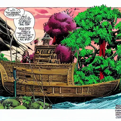 Prompt: one pirate ship that has a green fruit tree in the middle of it, surrounded by water, bold complementary colours, 2 d matte, graphic novel, art by chris bachalo and marc silvestri and john cassaday,