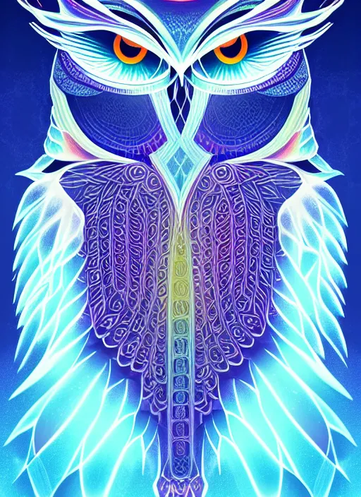 Image similar to symmetry!! product render poster vivid colors divine proportion owl, 神 圣, glowing fog intricate, elegant, highly detailed, digital painting, artstation, concept art, smooth, sharp focus, illustration,