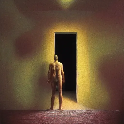 Prompt: a grinning giant looking inside someones house through the door hyper realistic in the style of zdzisław beksinski