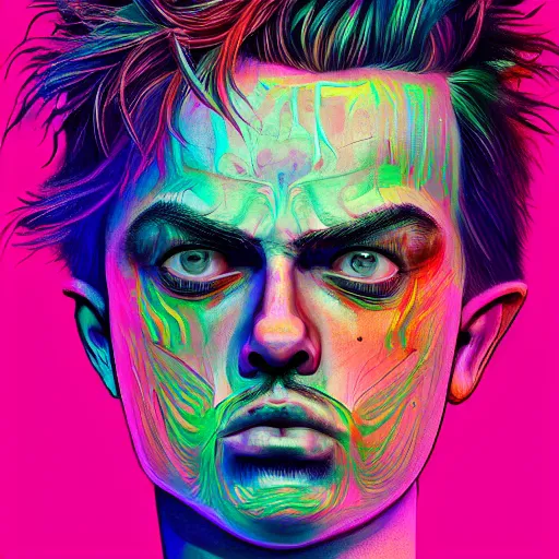 Image similar to ! dream an extremely psychedelic portrait of yungblud, surreal, lsd, face, detailed, intricate, elegant, lithe, highly detailed, digital painting, artstation, concept art, smooth, sharp focus, illustration,