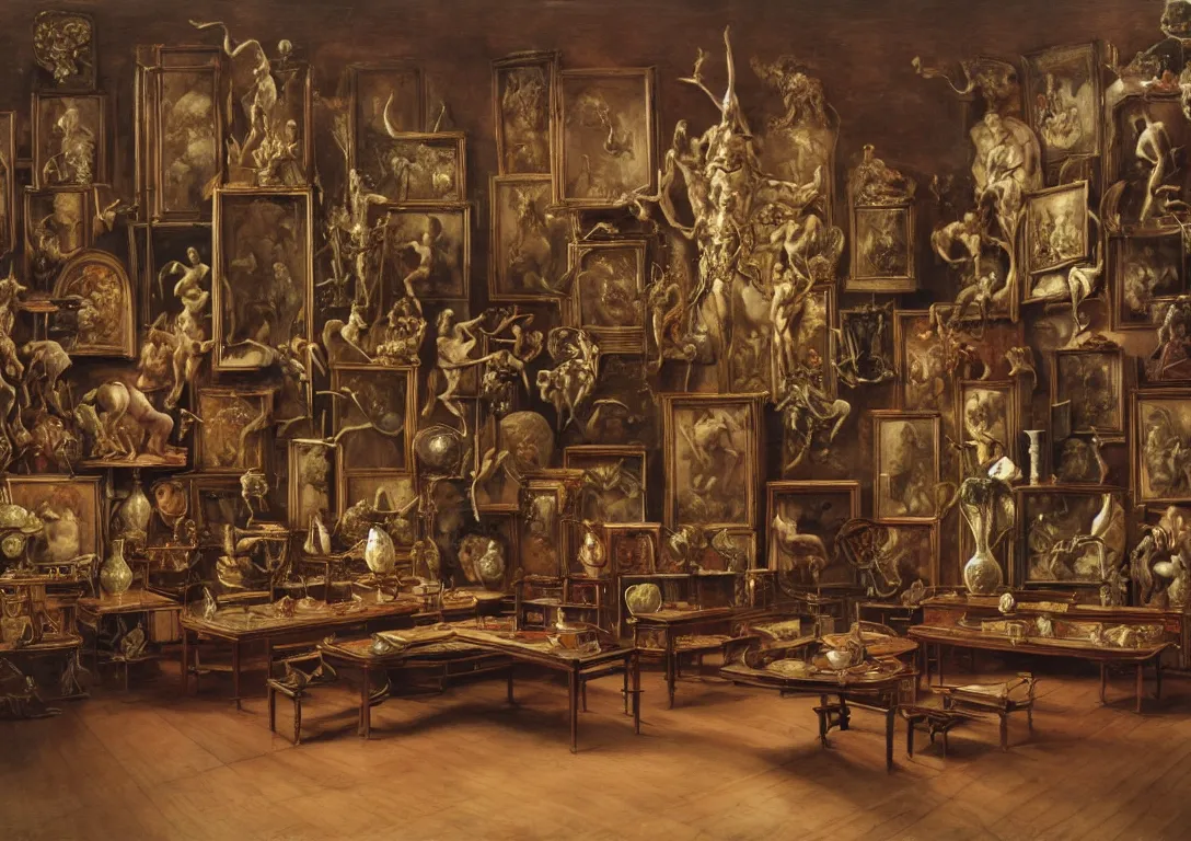 Prompt: a large room filled with antique furniture in the style of wayne barlowe, gustav moreau, goward, bussiere, roberto ferri, santiago caruso, luis ricardo falero, dali