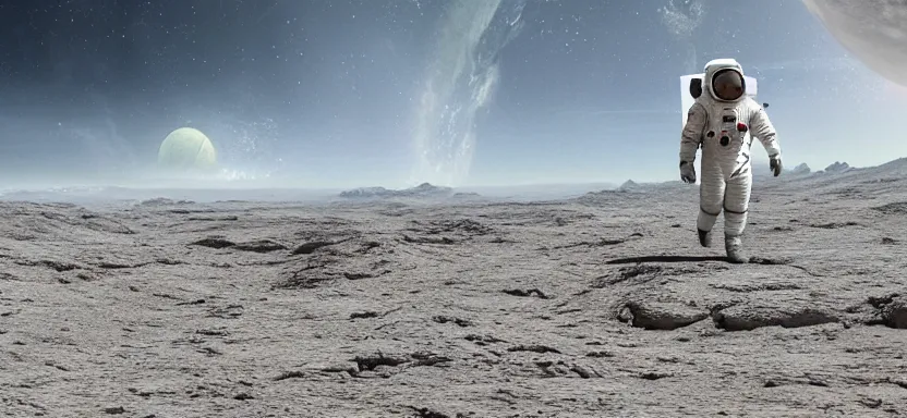 Image similar to matte painting of an astronaut walking in a marcian landscape, at the background is the earth