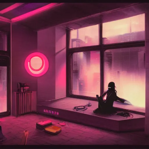 Prompt: matte painting of a woman in vr headset sitting in cyberpunk room behind the window, neon glow, by masamune shirow