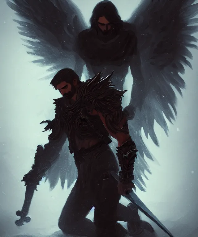 Image similar to dark blizzard art, portrait of fallen man angel kneeling with a sword and wings, bokeh. dark art masterpiece artstation. 8k, sharp high quality illustration in style of Jose Daniel Cabrera Pena and Leonid Kozienko, concept art by Tooth Wu