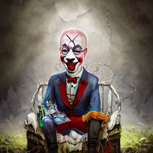 Image similar to sad klaus schwab wearing bizarre clown makeup, and intricate clown costume, sitting on a throne in an abandoned outhouse, by rossdraws, vivid colors, studio lighting, digital artwork, uhd, best of artstation