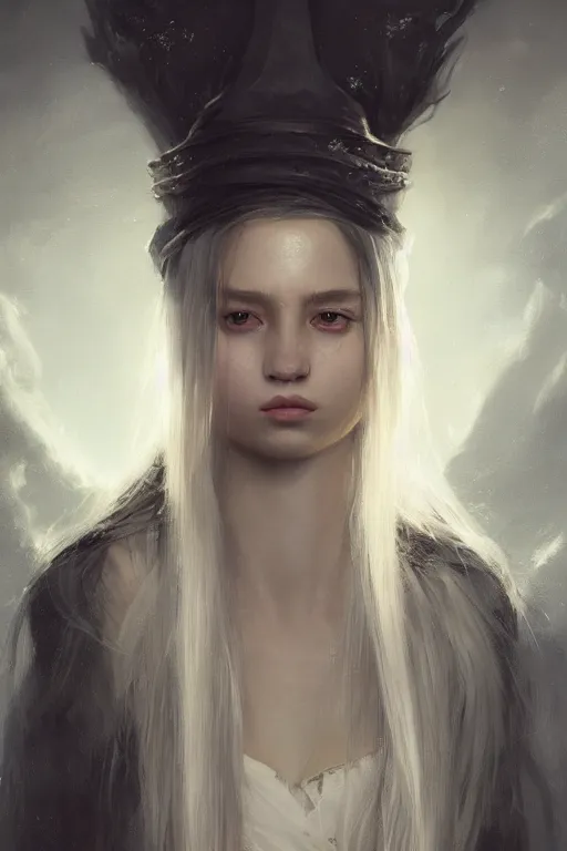 Image similar to a fancy portrait of a young female teenager with long white hair by greg rutkowski, sung choi, mitchell mohrhauser, maciej kuciara, johnson ting, maxim verehin, peter konig, bloodborne, 8 k photorealistic, cinematic lighting, hd, high details, dramatic, dark atmosphere, trending on artstation