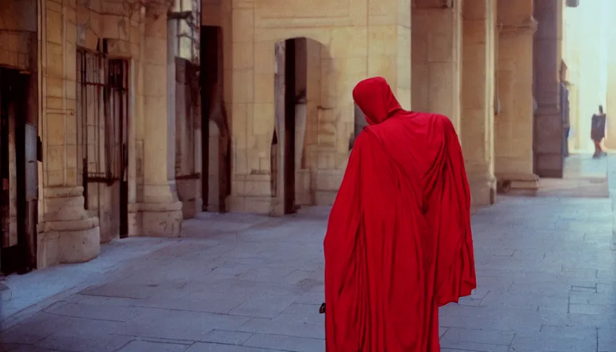 Prompt: a skinny man in red drapery in an neoclassic antic city, cinestill 8 0 0 t eastmancolor technicolor, high quality, very detailed, heavy grain, fine facial features, 8 k,