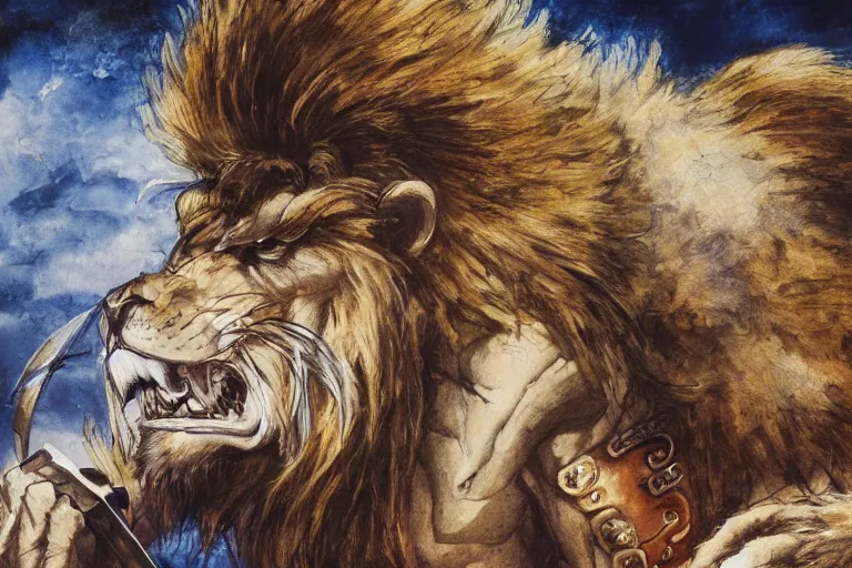 Image similar to 8k Yoshitaka Amano painting of upper body of a young cool looking lion beast-man at a medieval market at windy day. White mane, Depth of field. He is wearing complex fantasy armors. He has huge paws. Renaissance style lighting.