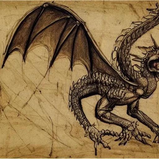 Image similar to extremely detailed anatomy sketch of a dragon by leonardo da vinci, aged parchment