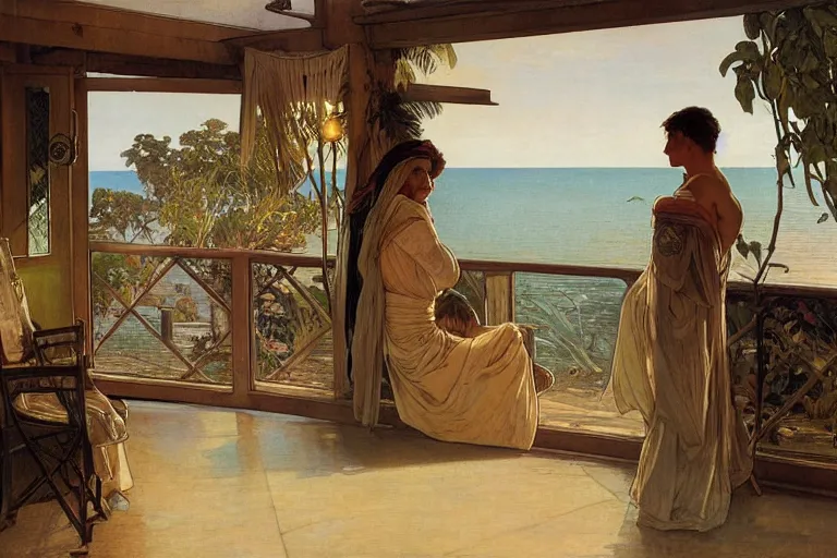 Image similar to a matte painting of a man watching the sunset with his wife in his house by the beach, by greg rutkowski, by alphonse mucha, muted colors