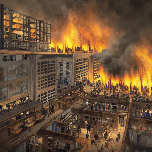 Image similar to a nightmarish office call centre with all the workers on fire. highly detailed. intricate ink and matte painting