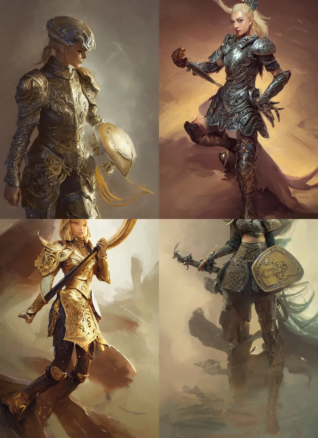 Prompt: General Yunan, anthropomorphic female newt in ornate plate armor, short blonde hair, graceful, agile, digital painting, concept art, smooth, sharp focus, medium shot, illustration, by Ruan Jia and Mandy Jurgens and Greg Rutkowski and Artgerm and William-Adolphe Bouguerea