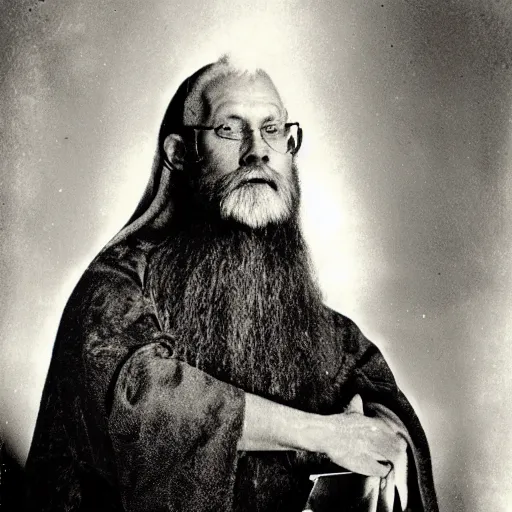 Prompt: an old photograph of the wizard Merlin