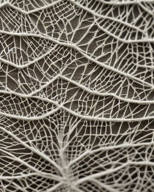 Image similar to close up of a retina, made of intricate decorative lace leaf skeleton, in the style of the dutch masters and gregory crewdson, dark and moody