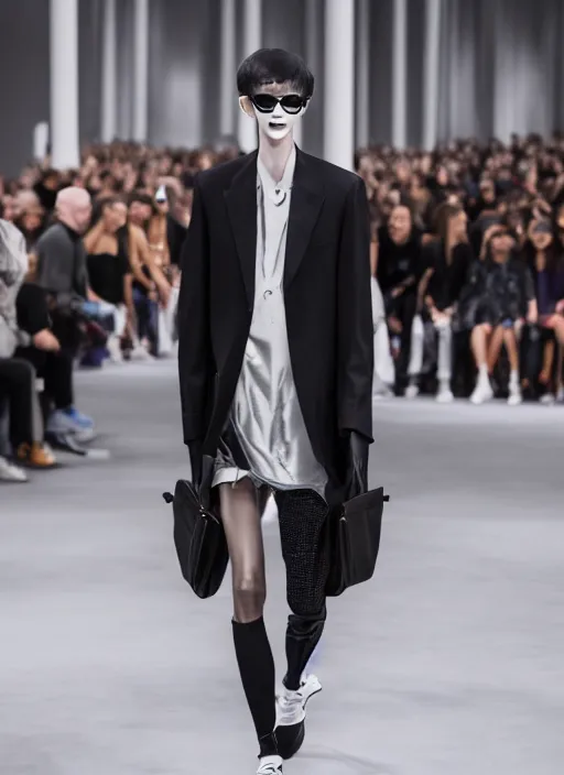 Image similar to hyperrealistic and heavy detailed balenciaga runway show of slender man, leica sl 2 5 0 mm, vivid color, high quality, high textured, real life