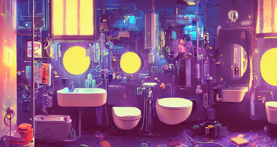 Image similar to IKEA catalogue photo of a cyberpunk bathroom, by Paul Lehr, 8k, HD, realistic, cinematic, artstation, details