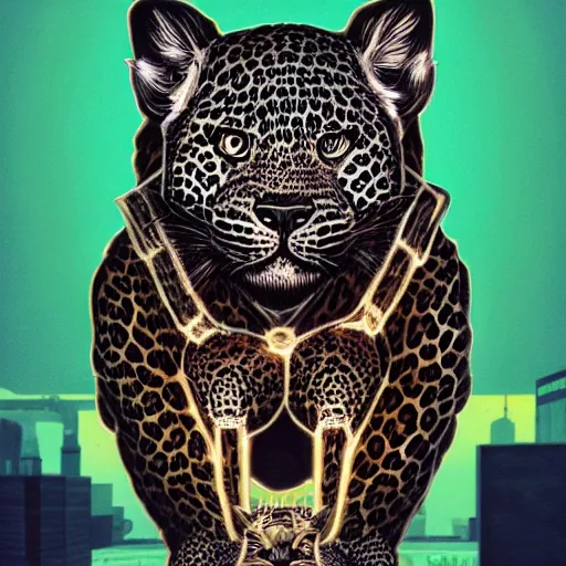 Image similar to Justice Leopard, black background, backlit:: by Martine Johanna and Simon Stålenhag and Chie Yoshii and Casey Weldon and Guillermo del toro :: ornate, dynamic, particulate, intricate, elegant, highly detailed, centered, artstation, smooth, sharp focus, octane render, 3d