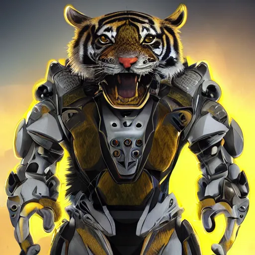 Image similar to humanoid with tiger-like features in futuristic space armor with force fields, yellow eyes, teeth that protrude past the lower lip and fine grayish fur on their faces and backs of their hands and carrying weapons, octane,