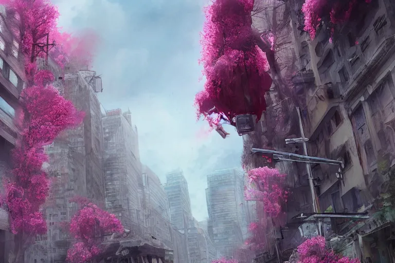 Prompt: city full of pink flowers, apocalypse, realistic, the last of us, trend on artstation, concept art