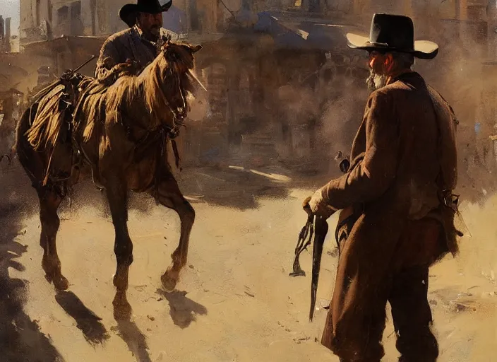 Image similar to oil painting of old rugged cowboy in wild west street, firing revolver, gun smoke, art by anders zorn, wonderful masterpiece by greg rutkowski, beautiful cinematic light, american romanticism by greg manchess, reflections in copper, sunlight, dust and steam