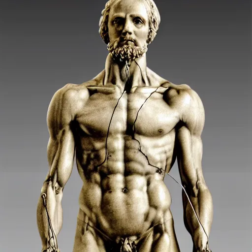 Image similar to Da Vinci's Vitruvian Man as a marble sculpture by Michelangelo, gold ring, 4k, hyper realistic, detailed, accurate anatomy, four legs, four arms, octane render, well lit studio lighting