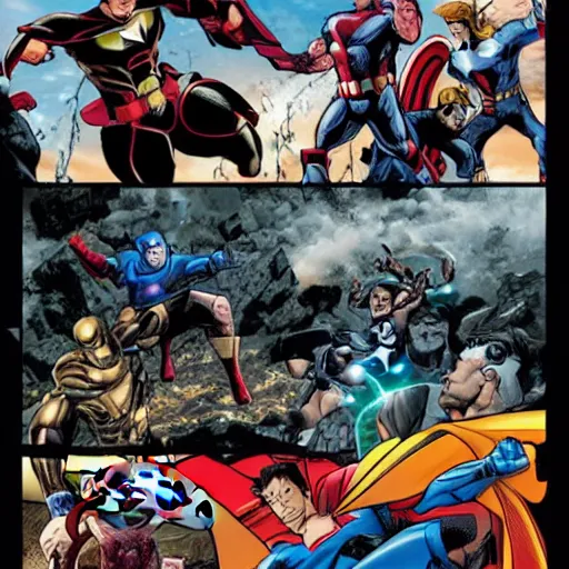 Prompt: The avengers having a epic battle with the justice League