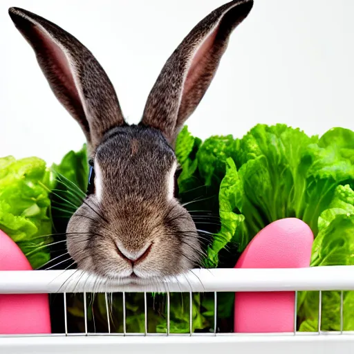 Prompt: Rabbit laying down in a cage, eating lettuce, half black half white, very furry, pink nose, at home, close up, National Geography , photorealistic, ultra-detailed, 4k high resolution, HDR shot