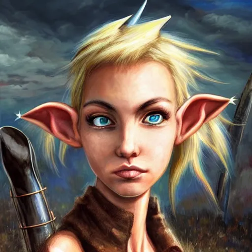 Image similar to close up headshot of a skinny female high-fantasy elf with a long face narrow chin and short spiky blonde hair wearing dark brown overalls and holding a bomb next to a destroyed car, gel spiked blond hair, small ears, narrow lips, high resolution film still, HDR color, painting by artgerm