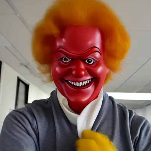 Image similar to Ronald McDonald smiling in a liminal space