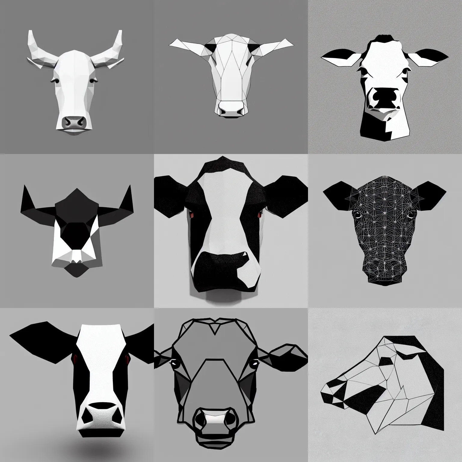 Prompt: a cow head, low poly, black on white, connecting lines