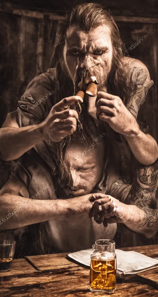 Prompt: man sitting alone at a large table, smoking a cigar and drinking whiskey with long hair and a dirty ripped white shirt, horror, gothic, lovecraftian, 4 k, realistic, high detail, gruesome