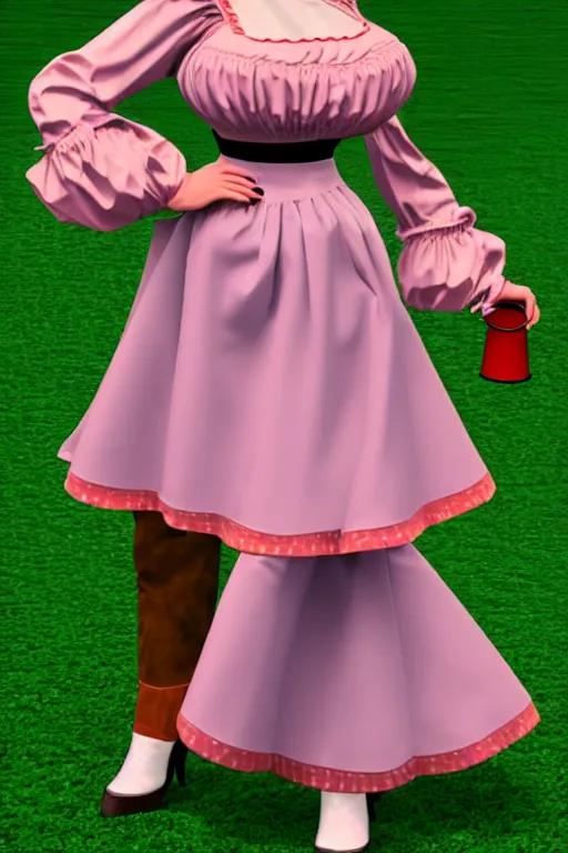 Prompt: a Marvelous Designer render of a 1998 Dutch milkmaid costume with a cow bell choker, exposed midriff and udders. drag queen, campy. Cow Costume with Udders, comical. Cloven Hoof High-Heeled Boots. Puff sleeves, ruched bodice.