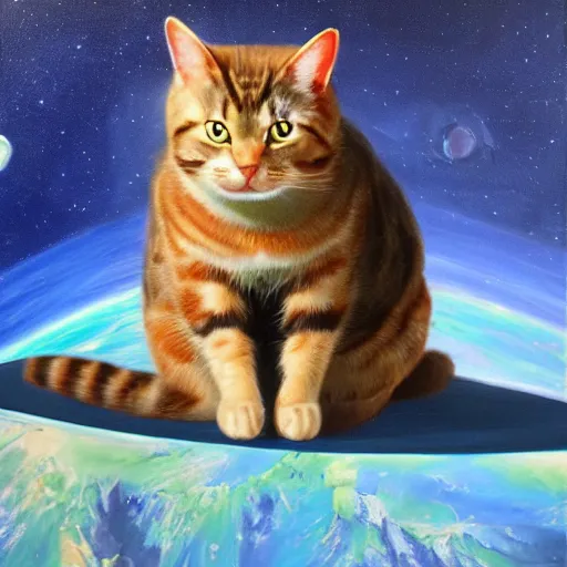 Image similar to A cat sitting on the top of planet earth in space, oil painting, trending on artstation