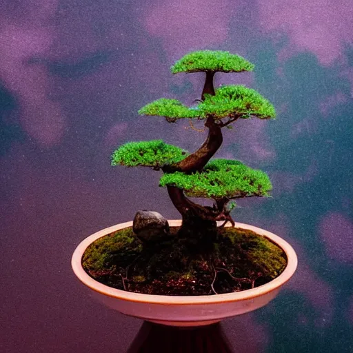 Image similar to A picture of a planet of various flowers, fungus and plants, Bonsai , in which the human figure is dressed in something magical and impressive, inside the picture is infinity, muted light, BotanicalAtmospheric phenomenon, artistic photography, muted colors, conceptual, Kodachrome