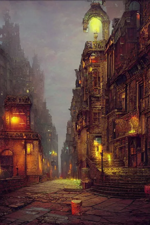 Image similar to beautiful matte painting street art fantasy ruins skyline background painted, intricate, volumetric lighting, beautiful, rich deep colors masterpiece, sharp focus, ultra detailed by john atkinson grimshaw