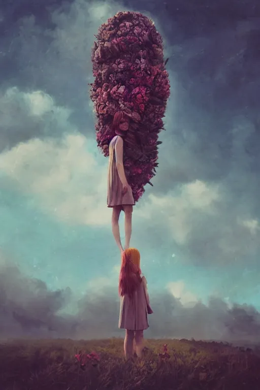 Image similar to portrait, giant flower head, a girl standing on pillar, surreal photography, wind and cold, dramatic sky, impressionist painting, digital painting, artstation, simon stalenhag