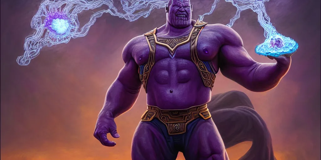 Image similar to south american thanos, as a matte oil painting and d & d character art, by alex grey, standing, fullbody, casting a magic spell, fog, concept art, award - winning, extremely detailed, sharp focus