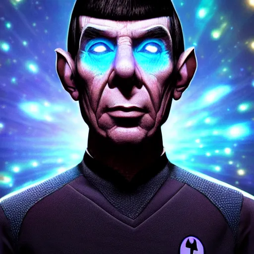 Prompt: :SPOCK+portrait in the style of gorillaz+holographic effect:digital artwork+unreal engine 5+hyperrealistic+stars+space+The Vulcan salute-H 1000