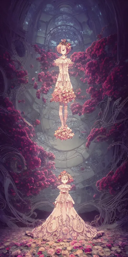 Prompt: the beautiful hyper detailed of a rose wedding gothic lolita dress clothing design display in exhibition hall, exhibition hall lighting, in the style of makoto shinkai victo ngai and peter mohrbacher studio ghibli artgerm karol bak beeple, animation style, 8 k hd, dream, animation style, 3 drender, hyperdetailed