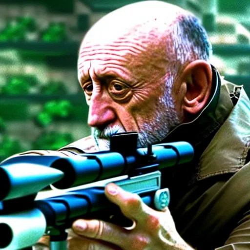 Image similar to Film still of Mike Ehrmantraut aiming with a !!!!!sniper rifle!!!!!, 4k, !!!!highly detailed!!!!