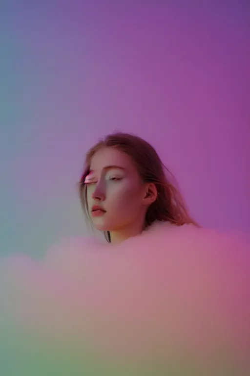 Image similar to high quality pastel coloured film close up wide angle photograph of a model wearing clothing resting on cloud furniture in a icelandic black rock!! environment in a partially haze filled dreamstate world. three point light, rainbow. photographic production. art directed. pastel colours. volumetric clouds. pastel gradient overlay. waves glitch artefacts. extreme facial clarity. 8 k. filmic.